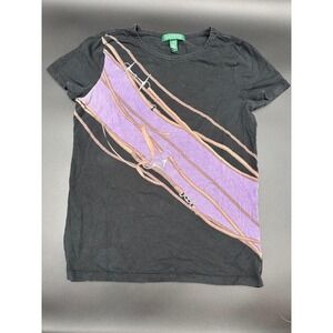 Lauren‎ Ralph Lauren Womens T Shirt XS Black Equestrian Grunge Faded Top